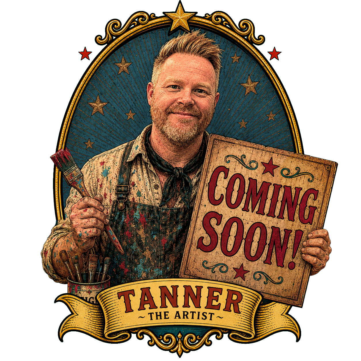 Tanner the artist holding a Coming Soon sign
